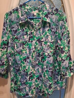 croft & barrow Blue Green Abstract Floral Button-Down Shirt